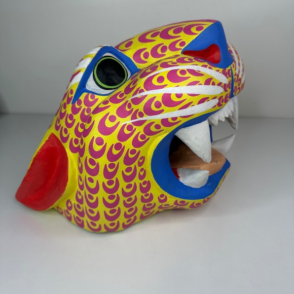 Mexican Folk Art Jaguar Head Mask Hand Painted Carved Wood Guerrero Oaxaca Style